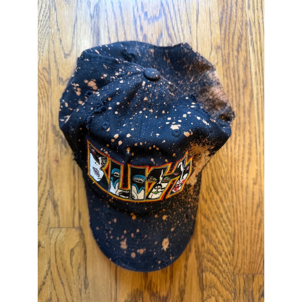 KISS Band Distressed Bleach Splatter Baseball Hat Black Orange Luxury Headwear - Picture 3 of 7